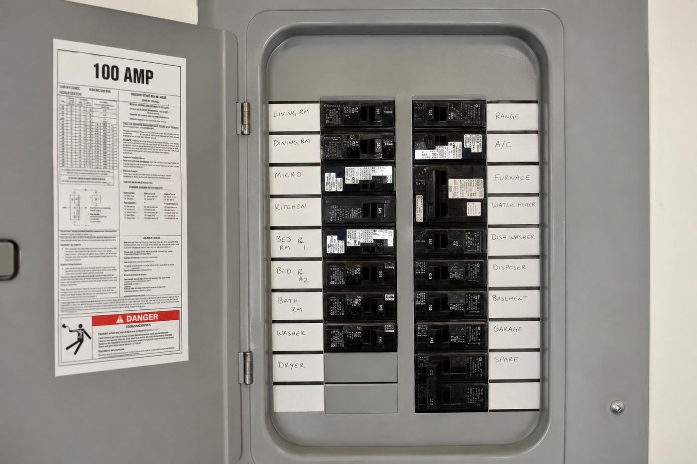 Residential 100-amp breaker panel with every circuit hand-labeled