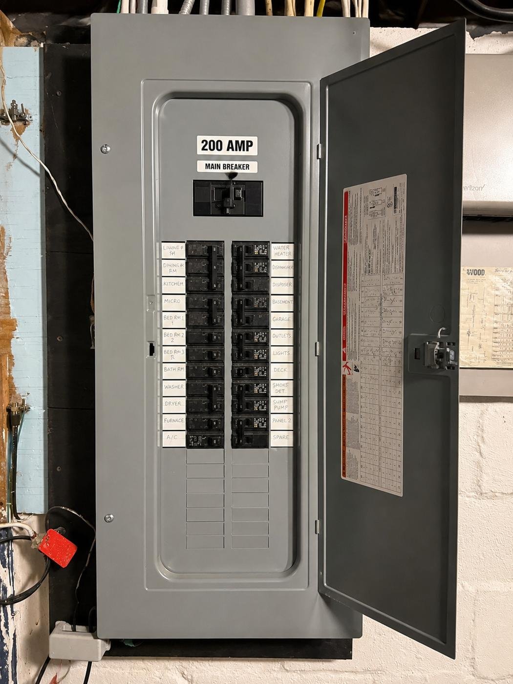 200-amp main breaker panel installed and labeled by J.B.R.